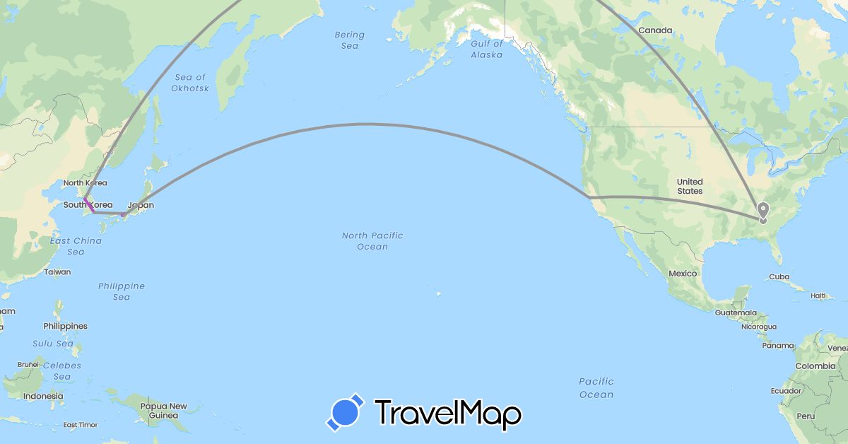 TravelMap itinerary: plane, train in Japan, South Korea, United States (Asia, North America)